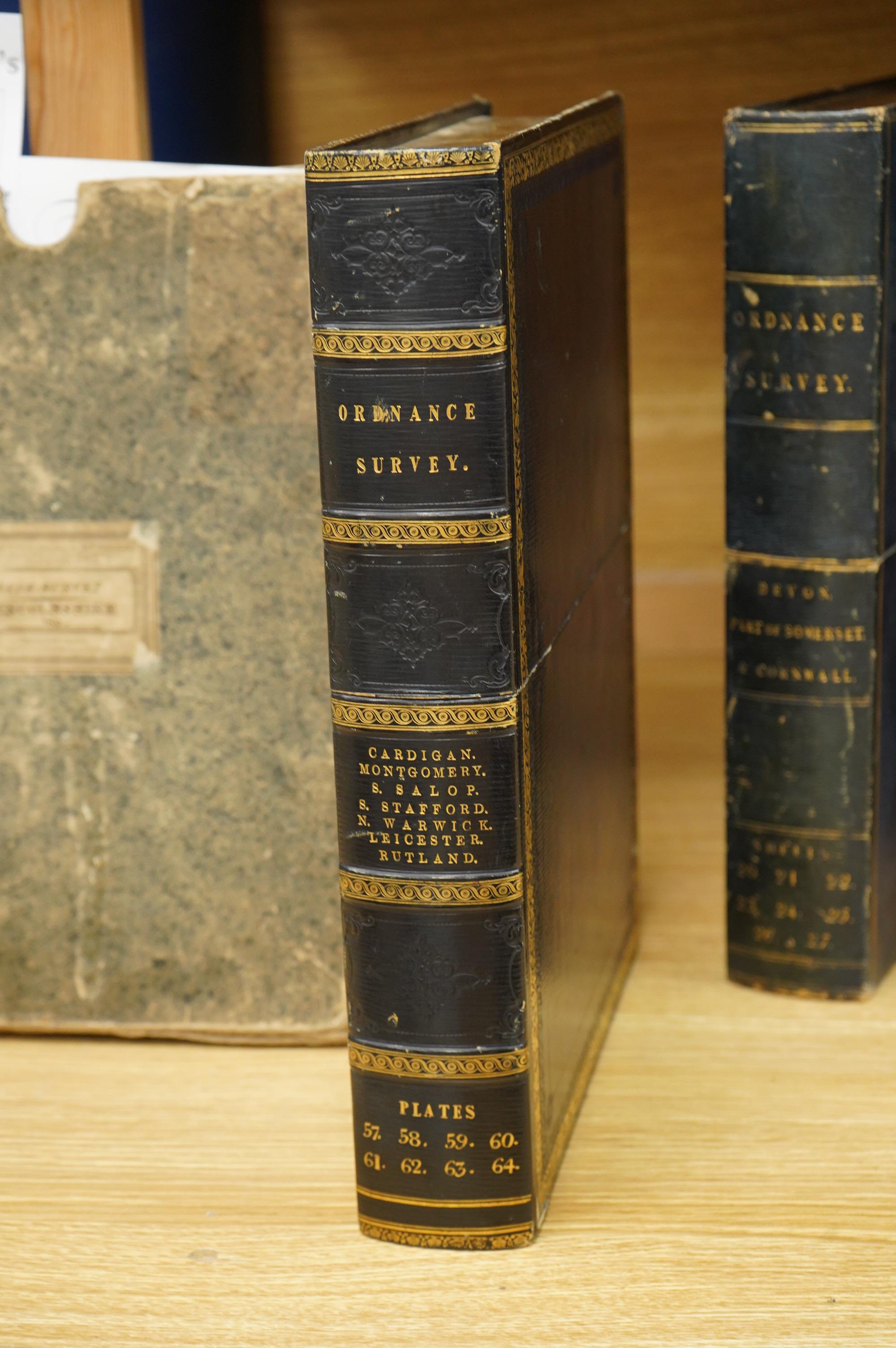 Ordnance Survey maps, comprising of a set of seven engraved maps mounted on linen and each edged with blue cotton, covering Cardigan, Montgomery, S. Salop, S. Stafford, N. Warwick, Leicester, and Rutland, sheet no.s; 55,